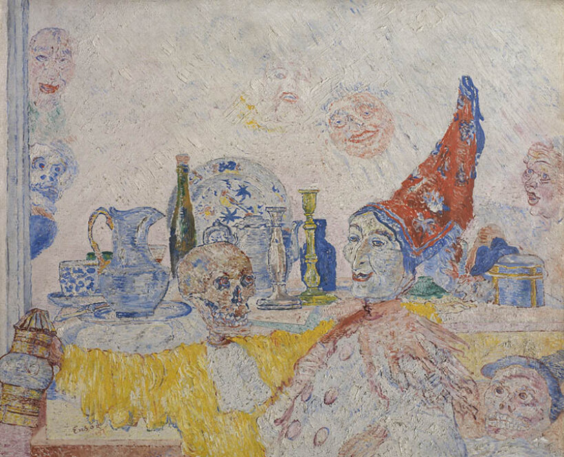 James Ensor, 'Pierrot et squelette en robe jaune', 1893, MSK Gent.